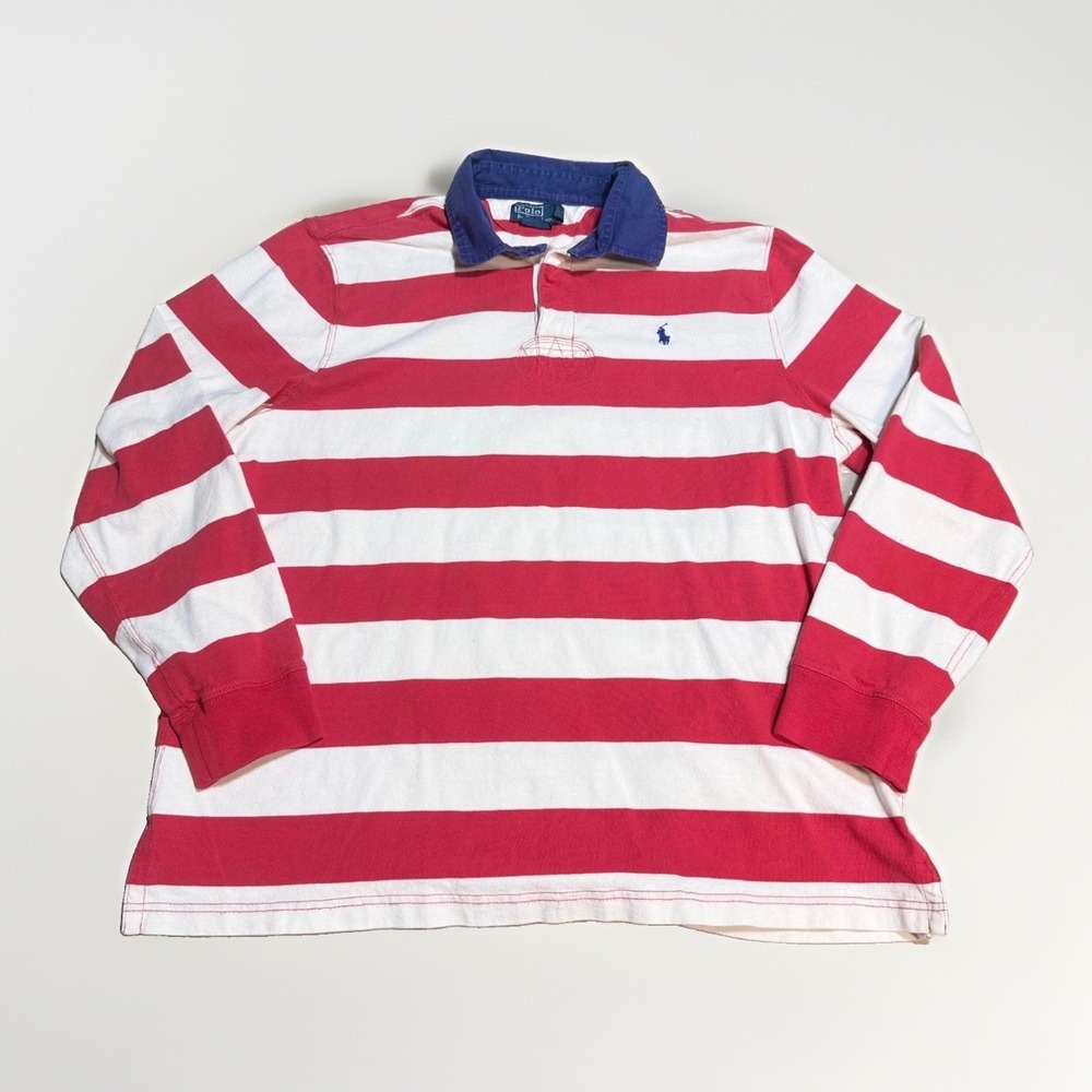 Polo Ralph Lauren Rugby Shirt XXL Custom Fit Striped Red White Cotton LS
